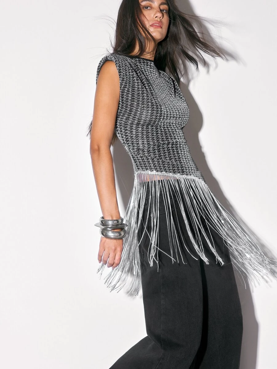 Maija Women's Silver Houndstooth Sequin Top With Tassel Hem For Holiday Party - Silver - View 1