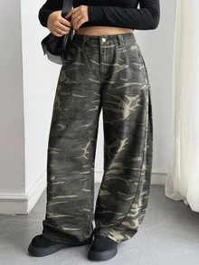 Dazy Plus Plus Size Women's Camouflage Loose Casual Streetwear Vacation Spring/Autumn Long Denim Jeans - Army Green - View 7