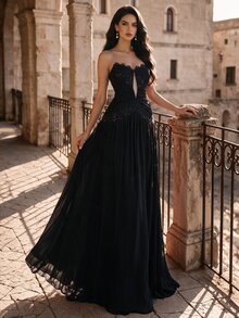 Coutiva Women's Lace Patchwork Pleated Elegant Waist-Cinching Evening Dress - Black - View 5