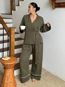 Dazy Plus Autumn/Winter Minimalist Loose Colorblock Patchwork Long Pants 2-Piece Set Loungewear Pajama Set - Army Green - View 5