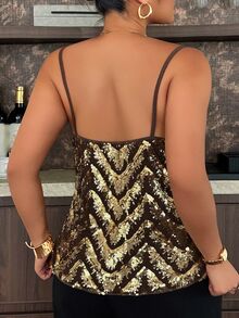Dazy Plus Banquet V-Neck Spaghetti Strap Sequin Decor Slim Fit Black & Gold Party Style Tank Top - Gold - View 2