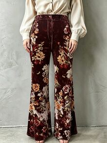 Ceyna Plus Size Women's Floral Velvet Print Elegant Flare Pants - Multicolor - View 3