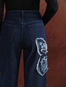 Anewsta 女款個性時尚奢華刺繡直筒牛仔褲 - 藍色 - 查看 6