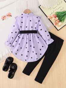 SHEIN Elladie kids 2件組女童套裝，含腰帶上衣與內搭褲，時尚設計，適合春秋季 - 淡紫色 - 查看 2