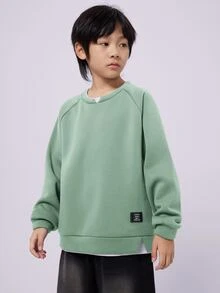 SHEIN 青少年男孩綠色與白色條紋套頭衫，秋季休閒校園返校圓領寬鬆對比色拼接長袖針織運動衫 - 薄荷綠 - 查看 4