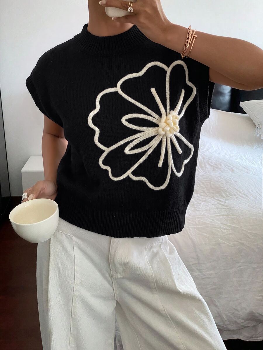 Siren Gaze 女款針織短袖圓領極簡時尚上衣,針織毛衣花卉款,適合夏季度假、休閒、聖誕節假期與度假村穿著 - 黑色 - 查看 1