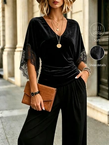 INAWLY Women's Vintage French Lazy Chic Contrast Lace Batwing Sleeve Top - Black - View 2