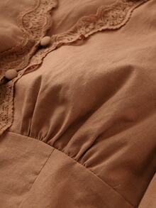 Vavine Women's Brown Contrast Lace Trim Single-Breasted Commuter Blouse - Brown - View 6