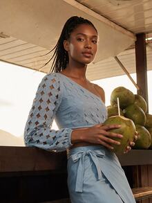 CAJUNI Tropical Chic Laser Cut Blue One Shoulder Blouse - Blue - View 2