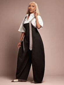 Vixey Contrast Stripe Wide Leg Overall Jumpsuit - Black - View 4