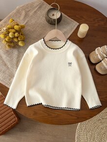 4-7 Years Old Girls Beige Round Neck Autumn/Winter Knitted Sweater With Wavy Ruffle Collar And Hem, Dropped Shoulder Long Sleeve Top With Small Bow Embroidery On Chest, Soft Knitted Cardigan For Spring/Autumn - Apricot - View 1