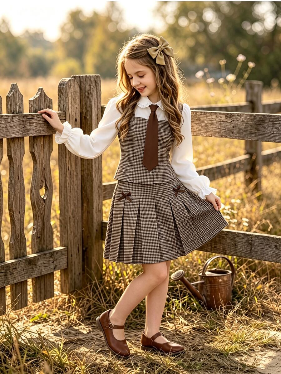SHEIN Tween Girls Fall Outfits 2pcs/Set Pink And White Plaid Collared Splice Preppy Style Cute Cardigan, Puff Sleeves - Multicolor - View 1