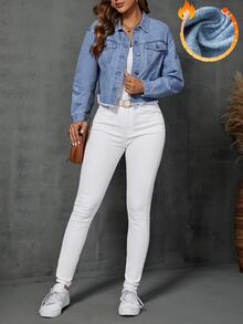 SHEIN جاكيت جينز نسائي بأزرار وجيوب وحواف مهترئة - أزرق فاتح - مشاهدة 3