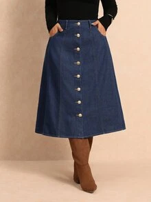 Elaquor 大尺碼女款金屬單排扣休閒牛仔裙，秋冬女裝，休閒百搭牛仔裙，A字裙，優雅，派對 - 藍色 - 查看 3