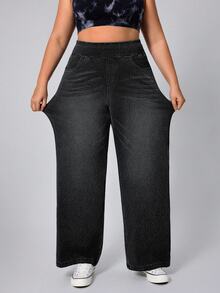 Flexra Plus Size Women's Wide Leg Casual Denim Jeans Soft Washed Stretch Pants - Dark Grey - View 3