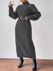 Aalyst Turtleneck Raglan Sleeve Sweater Dress Without Belt Fall Winter Cloth For Women - Dark Grey - View 5