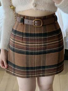 Dazy Plus Korean Style Plaid Short Thickened Autumn/Winter New Wool Skirt - Brown - View 6