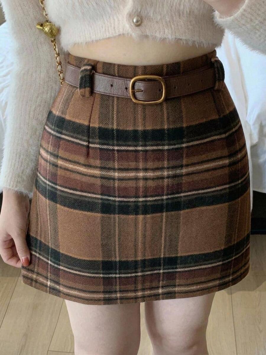 Dazy Plus Korean Style Plaid Short Thickened Autumn/Winter New Wool Skirt - Brown - View 1