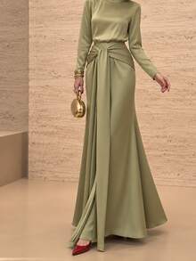 Graceveil Elegant Waist Twist Knot Wrap Tie Draped Flared Split Long Skirt - Green - View 4