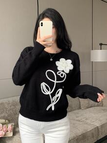 Modelyn Women's Applique Decor Round Neck Dropped Shoulder Long Sleeve Elegant Sweater - Black - View 3