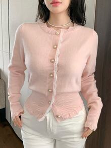 Modelyn Women's Contrast Lace Single-Breasted Long Sleeve Knit Cardigan - Pink - View 6