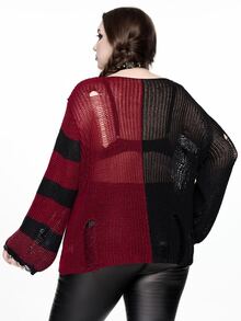 ROMWE Grunge Punk Halloween Dark Street Style Plus Size Women's Sweater, Yin Yang Color Block Distressed Design Loose Round Neck Knit Pullover - Multicolor - View 3