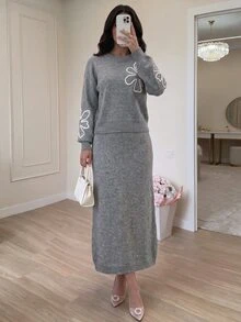 Modelyn Women's Elegant 2 Pieces Set With Applique Faux Pearl Decor Drop Shoulder Long Sleeve Sweater And Knitted Skirt - Grey - View 5