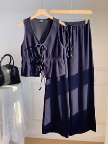 Comfortcana 女款極簡風綁帶背心與抽繩腰長褲兩件套 - 藏蓝色 - 查看 4