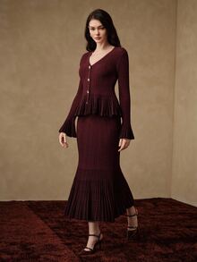 Anewsta Women's Autumn/Winter V-Neck Rhinestone Button Colorblock Ruffle Knit Sweater & Mermaid Skirt 2 Pieces Set - Red Violet - View 6