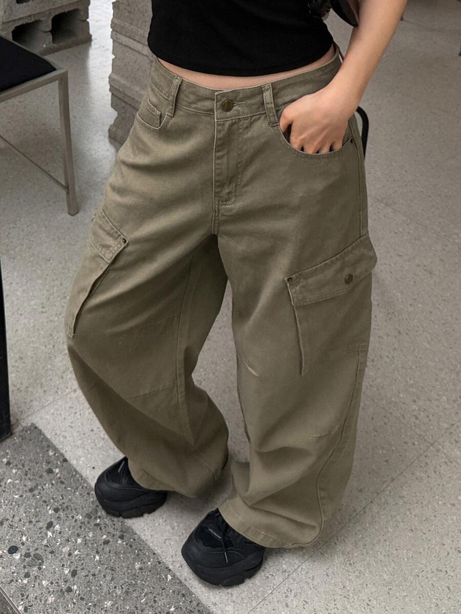 Dazy Plus Solid Color Loose Cargo Pants Casual Street Straight Leg Army Green All Season New Style Denim Jeans - Army Green - View 1