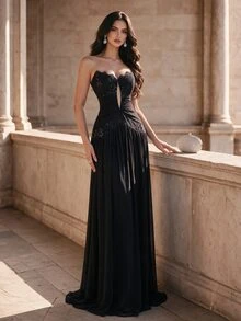 Coutiva Women's Lace Patchwork Pleated Elegant Waist-Cinching Evening Dress - Black - View 4