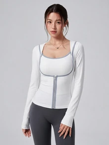 DAZY Women's Colorblock Camisole Tank Top And Long Sleeve Top Casual Sports Set - White - View 7