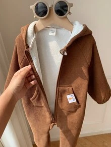SHEIN 嬰兒男嬰兒女嬰兒男秋冬款卡通熊圖案連帽長袖連身褲，百搭舒適 - 彩色 - 查看 4