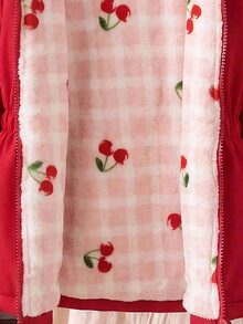 SHEIN 1件女童冬季新款粉色與白色格紋櫻桃毛絨拉鍊連帽開襟外套，彈性腰部，抓絨內裡加厚，簡約時尚防寒外套，適合戶外通勤 - 紅色 - 查看 3