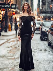 Penseblé Women's Autumn/Winter Fashion Elegant Off-Shoulder Lace & Velvet Patchwork Cinched Waist Mermaid Hem Long Dress, Suitable For Banquets, Dates And Parties - Black - View 3