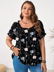 Rosumi Plus Size Floral Print Lace Trim Blouse - Multicolor - View 6