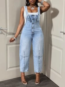 SHEIN PETITE Women's Outdoor Fashion All-Season Versatile Utility Pocket Blue Petite Denim Overalls - Light Wash - View 6
