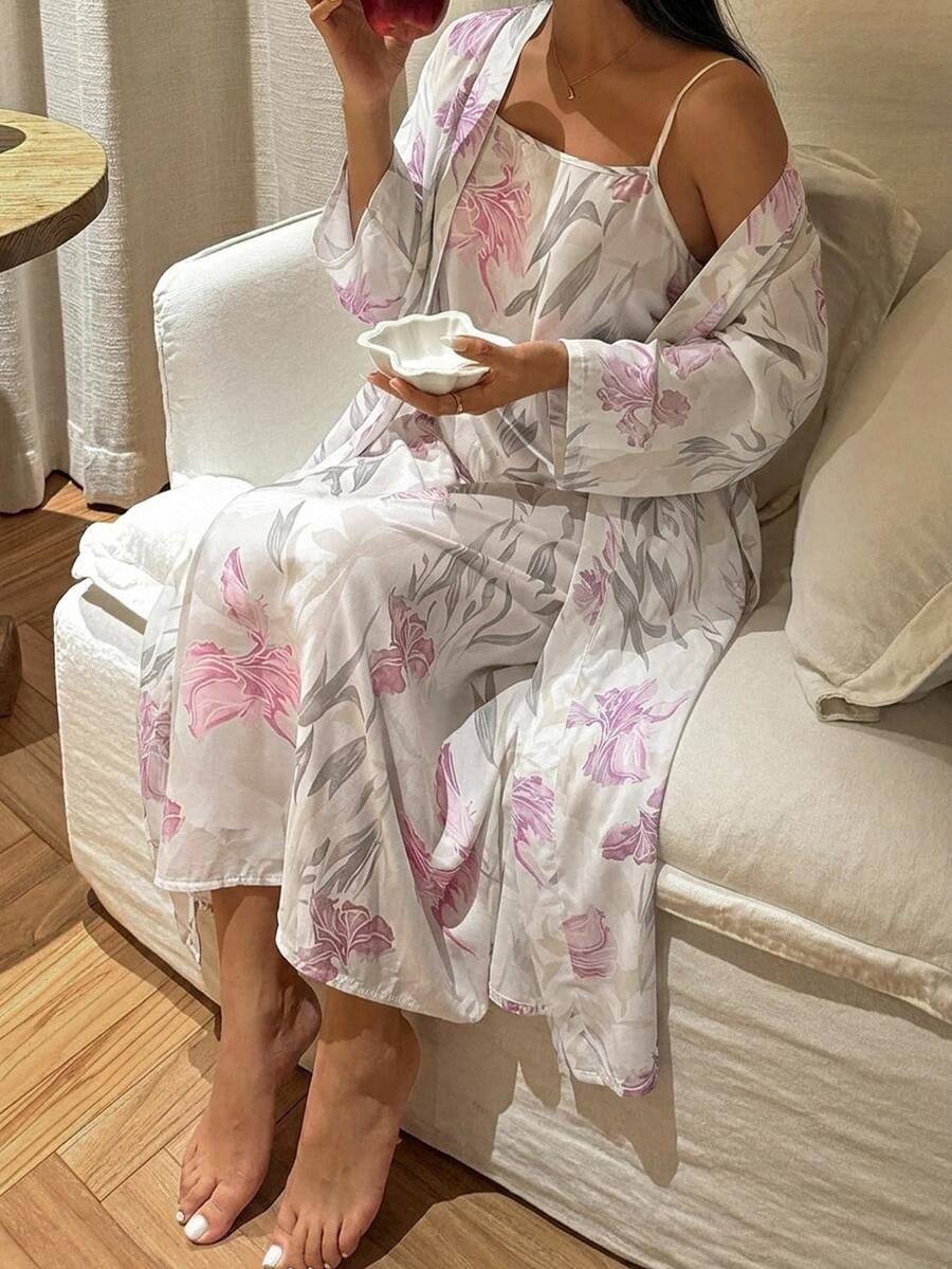 DAZY 2pcs Floral Print Sleeveless Camisole Dress & Long Cardigan Robe Women's Pajama Set - White - View 1