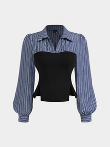 Sweetra قميص نسائي مقاس كبير مخطط بألوان متباينة للارتداء اليومي الكاجوال - متعدد الألوان - مشاهدة 9