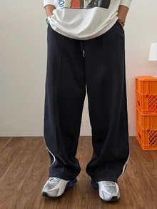 DAZY Spring/Autumn Navy Blue Color-Block Contrast Tape Design Loose Straight Leg Men's Pants - Navy Blue - View 6