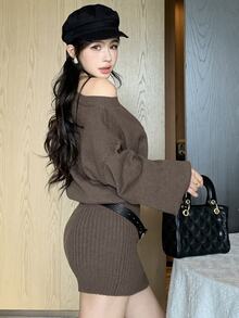 DAZY Women's Solid Color One Shoulder Long Sleeve Fitted Fashion Knit Dress - Brown - View 1