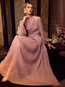MOTF Soiréza WOMEN'S SOLID COLOR STAND COLLAR FAUX PEARL DECOR LANTERN SLEEVE PLEATED ELEGANT EVENING DRESS - Pink - View 3