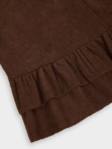 Sweetra Plus Size Women's Coffee Brown Corduroy Collar Cinched Waist Ruffle Tie Cuff Long Sleeve Blouse - Coffee Brown - View 4