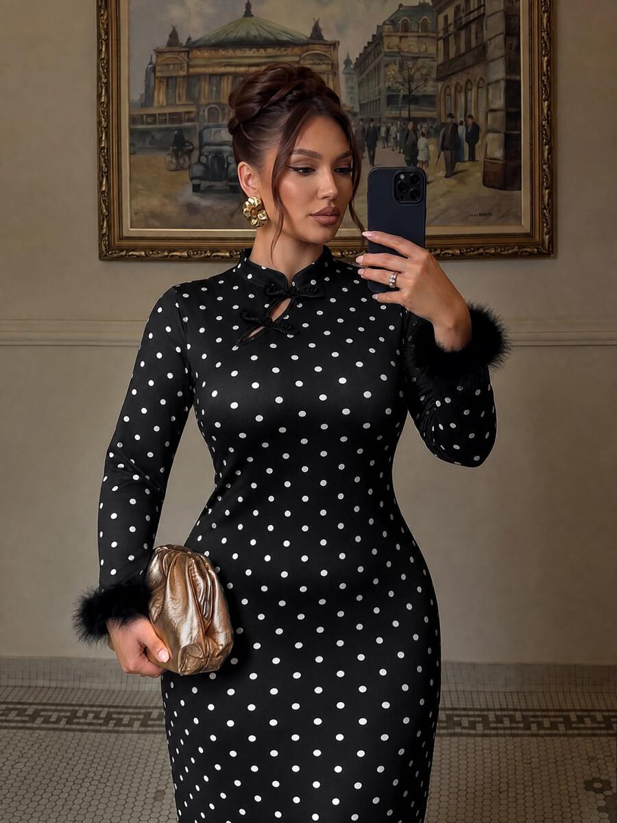 Cravure Plus Size Women's Autumn/Winter New Milk Silk Black Base Polka Dot Print Stand Collar Long Sleeve Feather Cuff Button Front Slit Long Mermaid Tail New Chinese Style Vintage Banquet Elegant Fashion Dress - Multicolor - View 1
