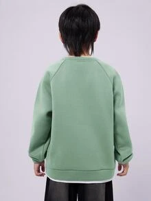 SHEIN 青少年男孩綠色與白色條紋套頭衫，秋季休閒校園返校圓領寬鬆對比色拼接長袖針織運動衫 - 薄荷綠 - 查看 3