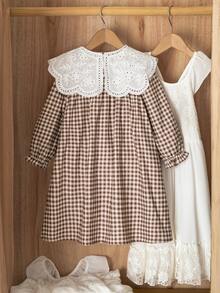 SHEIN Genkimix Kids 1件女童秋季新款清新格紋寬鬆長袖洋裝，彈性袖口、精緻領口、後開襟設計，清新時尚學院風，適合外出與通勤，百搭 - 彩色 - 查看 2