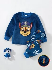 SHEIN | PAW Patrol 小男孩新款極簡時尚優雅卡通圖案法蘭絨印花圓領套頭長袖上衣搭配長褲，舒適居家服 2 件套，柔軟親膚面料 - 藍色 - 查看 3