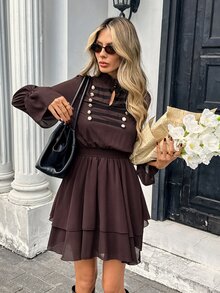 Serisse Women's Napoleon Street Style Ruffle Hem Dress - Brown - View 7