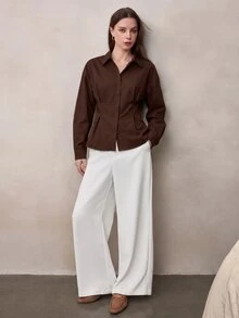 Zovinel 女款素色休閒百搭日常長袖襯衫 - 紫紅色 - 查看 10