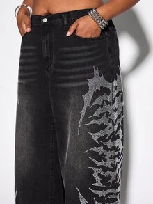 ROMWE Grunge Punk Casual Washed Letter Rhinestone Decor Plus Size Wide Leg Jeans - Black - View 3